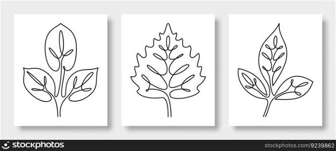 Continuous li≠drawing of vector≤aves walnut, birch, ash. Perfect for home decor such as posters, wall art, t-shirt, sticker, mobi≤pho≠case, cards and more. Vector illustration.