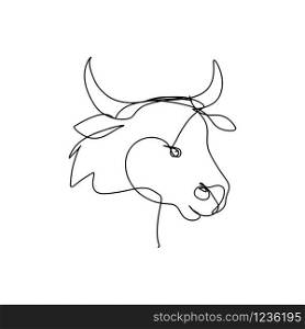 Continuous line art, hand drawn bull head. 2021 Chinese New year symbol. Cow portrait, hand drawn ox. Vector illustration for design slogan, t-shirts.
