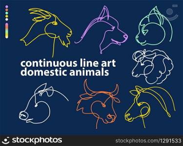 Continuous line art, hand drawn domestic animals head set. Horse, sheep, goat, pig, bull, cat and dog. Vector illustration for design slogan, t-shirts.