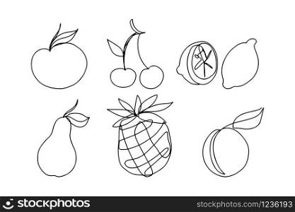 Continuous line art, hand drawn fruits set. Apple, cherries, lemon, pear, pineapple and plum. Vector illustration for design slogan, t-shirts.
