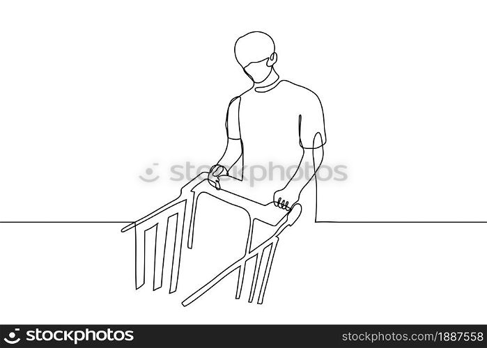 continuous line art man with a grocery cart looks at the viewer. Season purchases, purchases before the holidays, sale of goods. Can be used for animation. Vector