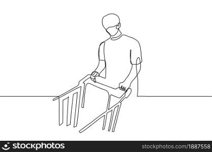 continuous line art man with a grocery cart looks at the viewer. Season purchases, purchases before the holidays, sale of goods. Can be used for animation. Vector