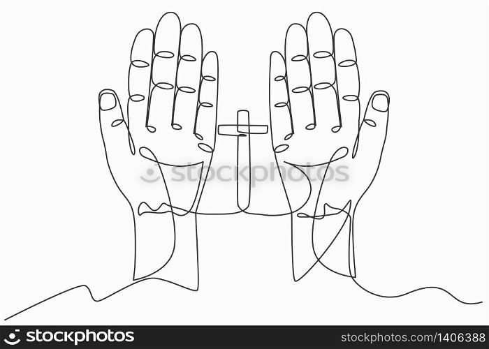 Continuous line art or One Line Drawing of prayer hand worship Christian. Eucharist Therapy Bless God Helping Repent Catholic Easter Lent Mind Pray. linear style and Hand drawn. Vector illustrations.
