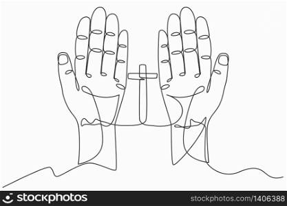 Continuous line art or One Line Drawing of prayer hand worship Christian. Eucharist Therapy Bless God Helping Repent Catholic Easter Lent Mind Pray. linear style and Hand drawn. Vector illustrations.