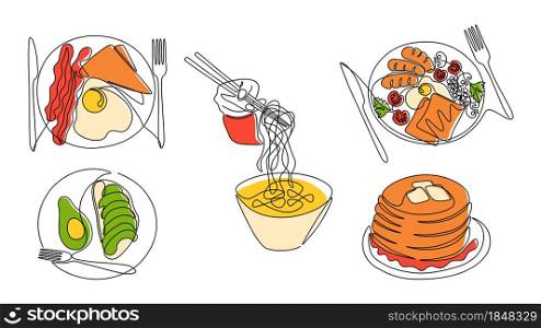 Continuous line breakfast. One line morning food, avocado sandwich, English breakfast and fried eggs. Vector monoline breakfast set art culinary cooking. Continuous line breakfast. One line morning food, avocado sandwich, English breakfast and fried eggs. Vector monoline breakfast set