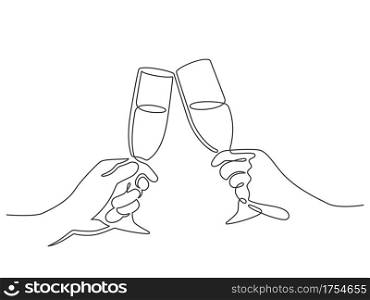 Continuous line champagne cheers. Hands toasting with wine glasses with drinks. Linear people celebrate christmas or birthday vector. Illustration continuous drawing champagne, alcohol drink toast. Continuous line champagne cheers. Hands toasting with wine glasses with drinks. Linear people celebrate christmas or birthday vector concept