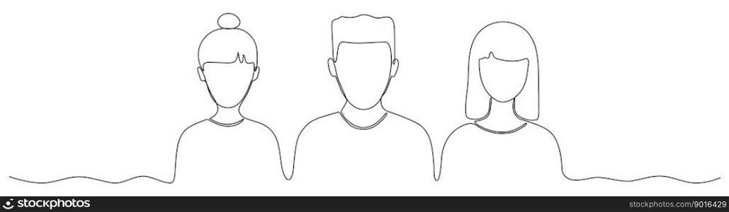 Continuous line drawing group of people. Men and women in line art style. Business team contour drawn. Vector illustration isolated on white.. Continuous line drawing group of people.
