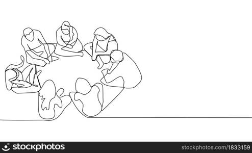 Continuous line drawing group of people sitting, standing, meeting and support.. Continuous line drawing group of people sitting, standing, meeting and support