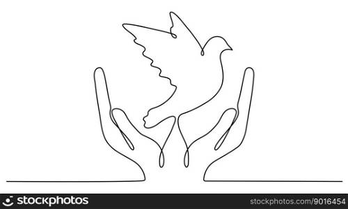 Continuous line drawing hand with flying bird. Freedom linear symbol. Vector illustration isolated on white.. Continuous line drawing hand with flying bird.