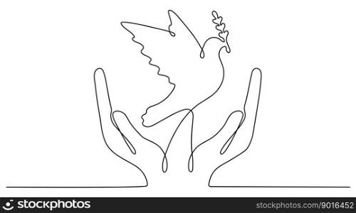 Continuous line drawing hand with flying dove with olive branch. Freedom linear bird symbol. Vector illustration isolated on white.. Continuous line drawing hand with flying dove with olive branch.