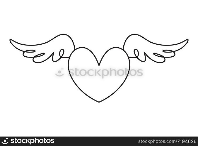 Continuous line drawing. Heart with wings. Valentine's day. Love. Black isolated on white background