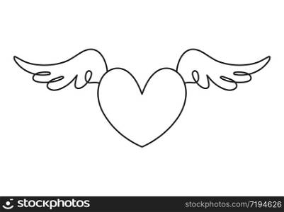 Continuous line drawing. Heart with wings. Valentine's day. Love. Black isolated on white background