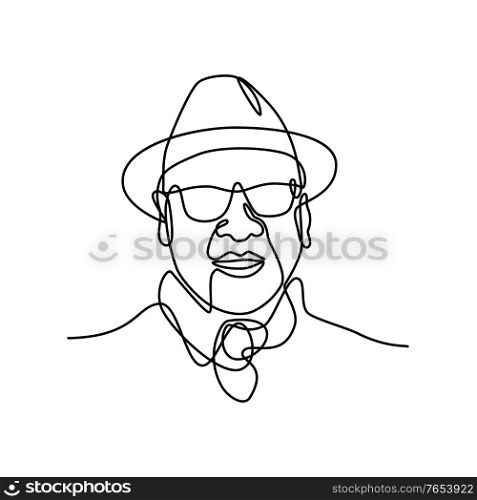 Continuous line drawing illustration head of of an Asian man or gentleman wearing a fedora hat and sunglasses viewed from front done in sketch or doodle style. . Asian Man or Gentleman Wearing a Fedora Hat and Sunglasses Smiling Continuous Line Drawing