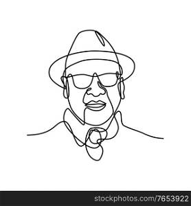 Continuous line drawing illustration head of of an Asian man or gentleman wearing a fedora hat and sunglasses viewed from front done in sketch or doodle style. . Asian Man or Gentleman Wearing a Fedora Hat and Sunglasses Smiling Continuous Line Drawing