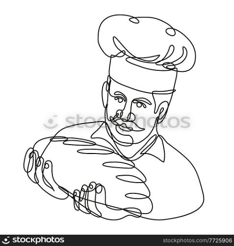 Continuous line drawing illustration of a baker holding bread loaf front view done in mono line or doodle style in black and white on isolated background. . Baker Holding Bread Loaf Front View Continuous Line Drawing  