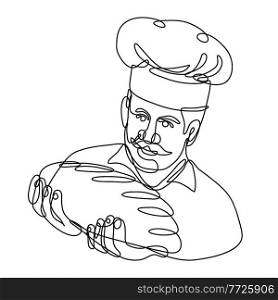 Continuous line drawing illustration of a baker holding bread loaf front view done in mono line or doodle style in black and white on isolated background. . Baker Holding Bread Loaf Front View Continuous Line Drawing  