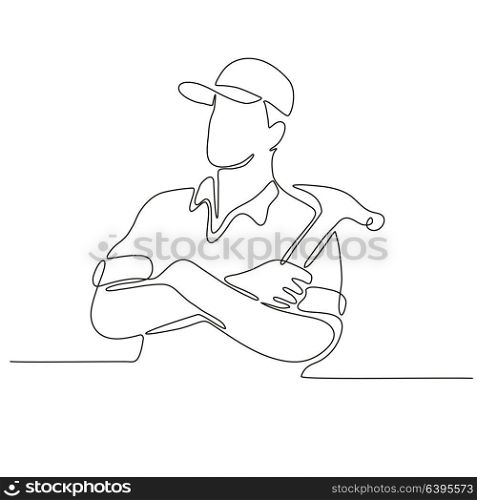 Continuous line drawing illustration of a builder, carpenter or construction worker arms crossed with hammer done in sketch or doodle style. . Builder Carpenter Continuous Line