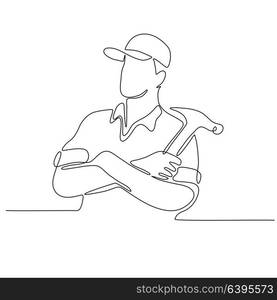 Continuous line drawing illustration of a builder, carpenter or construction worker arms crossed with hammer done in sketch or doodle style. . Builder Carpenter Continuous Line