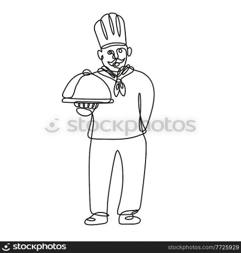 Continuous line drawing illustration of a chef, cook or baker holding a platter front view done in mono line or doodle style in black and white on isolated background. . Chef Cook or Baker Holding a Platter Front View Continuous Line Drawing 
