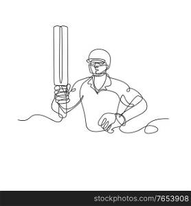 Continuous line drawing illustration of a cricket batsman holding up bat viewed from front done in sketch or doodle style. . Cricket Batsman Holding Up Bat Front View Continuous Line Drawing