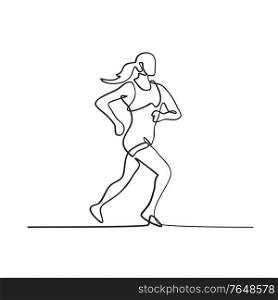 Continuous line drawing illustration of a female marathon runner running viewed from side done in black and white sketch or doodle style.. Female Marathon Runner Running Side View Continuous Line Drawing