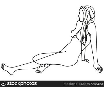Continuous line drawing illustration of a female nude in Side Sitting Position done in doodle style in black and white on isolated background. . Female Nude Side Sitting Position Continuous Line Doodle Drawing