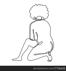 Continuous line drawing illustration of a female nude kneeling on one knee done in doodle style in black and white on isolated background. . Female Nude Kneeling on One Knee Continuous Line Doodle Drawing