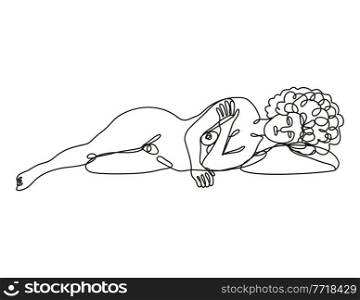 Continuous line drawing illustration of a female nude reclining on side done in doodle style in black and white on isolated background. . Female Nude Reclining on Side Continuous Line Doodle Drawing