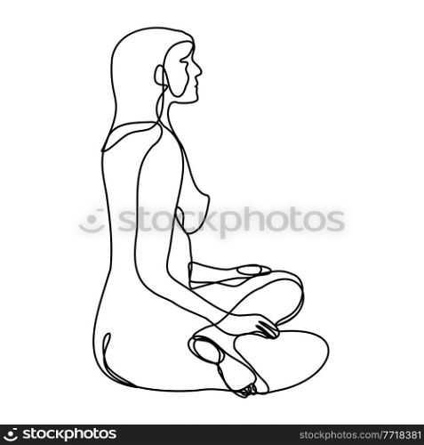 Continuous line drawing illustration of a female nude sitting in lotus position side view done in doodle style in black and white on isolated background. . Female Nude Sitting in Lotus Position Continuous Line Doodle Drawing