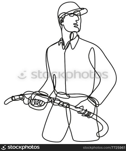 Continuous line drawing illustration of a gasoline attendant holding a gas fuel nozzle done in mono line or doodle style in black and white on isolated background. . Gasoline Attendant Holding a Gas Fuel Nozzle Continuous Line Drawing  
