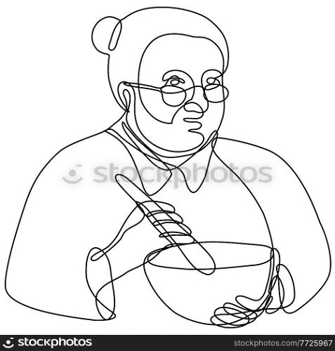 Continuous line drawing illustration of a granny cook mixing with mortar and pestle done in mono line or doodle style in black and white on isolated background. . Granny Cook Mixing with Mortar and Pestle Continuous Line Drawing 
