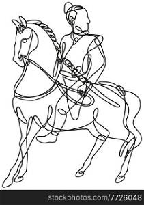 Continuous line drawing illustration of a Japanese samurai warrior riding horse side view  done in mono line or doodle style in black and white on isolated background. . Japanese Samurai Warrior Riding Horse Side View Continuous Line Drawing 
