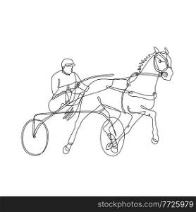Continuous line drawing illustration of a jockey and horse harness racing side view inside circle done in mono line or doodle style in black and white on isolated background. . Jockey and Horse Harness Racing Side View Inside Circle Continuous Line Drawing  