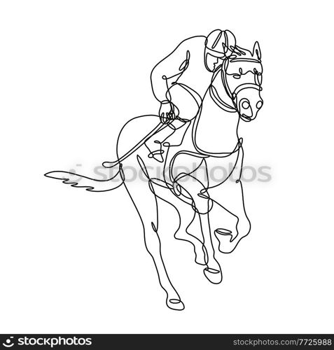 Continuous line drawing illustration of a jockey and horse racing front view inside circle done in mono line or doodle style in black and white on isolated background. . Jockey and Horse Racing Front View Inside Circle Continuous Line Drawing