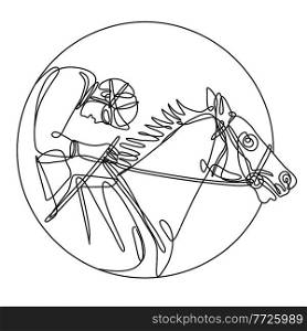Continuous line drawing illustration of a jockey and horse racing side view inside circle done in mono line or doodle style in black and white on isolated background. . Jockey and Horse Racing Side View Inside Circle Continuous Line Drawing 
