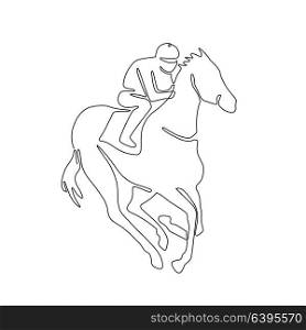 Continuous line drawing illustration of a jockey riding on horse racing done in sketch or doodle style. . Jockey Horse Racing Continuous Line