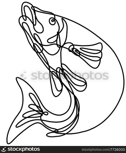 Continuous line drawing illustration of a lake trout jumping up done in mono line or doodle style in black and white on isolated background. . Lake Trout Jumping Up Continuous Line Drawing