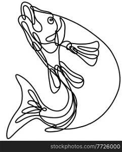 Continuous line drawing illustration of a lake trout jumping up done in mono line or doodle style in black and white on isolated background. . Lake Trout Jumping Up Continuous Line Drawing