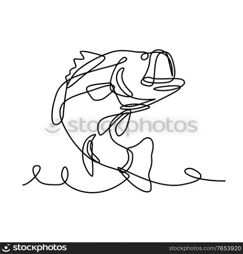 Continuous line drawing illustration of a largemouth bass, a species of black bass and carnivorous freshwater gamefish, jumping up done in sketch or doodle style. . Largemouth Bass Widemouth Bass or Bigmouth Jumping Up Continuous Line Drawing