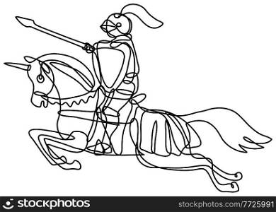 Continuous line drawing illustration of a medieval knight with lance and shield riding stead done in mono line or doodle style in black and white on isolated background. . Medieval Knight With Lance and Shield Riding Stead Continuous Line Drawing  