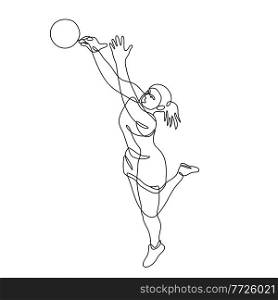 Continuous line drawing illustration of a netball player Rebounding and Catching the ball done in mono line or doodle style in black and white on isolated background. . Netball Player Rebounding and Catching the Ball Continuous Line Drawing