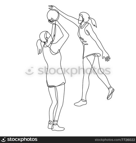 Continuous line drawing illustration of a netball player shooting and blocking the ball done in mono line or doodle style in black and white on isolated background. . Netball Player Shooting and Blocking the Ball Continuous Line Drawing 
