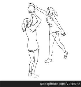Continuous line drawing illustration of a netball player shooting and blocking the ball done in mono line or doodle style in black and white on isolated background. . Netball Player Shooting and Blocking the Ball Continuous Line Drawing 
