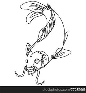 Continuous line drawing illustration of a nishikigoi koi carp fish diving down done in mono line or doodle style in black and white on isolated background. . Nishikigoi Koi Carp Fish Diving Down Continuous Line Drawing  