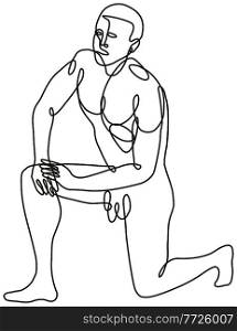 Continuous line drawing illustration of a nude male human figure kneeling on one knee done in mono line or doodle style in black and white on isolated background. . Nude Male Human Figure Kneeling on One Knee Done Continuous Line Drawing  
