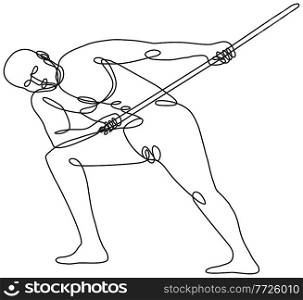 Continuous line drawing illustration of a nude male human figure pulling tugging a rope viewed from front done in mono line or doodle style in black and white on isolated background. . Nude Male Human Figure Pulling Tugging a Rope Viewed from Front Continuous Line Drawing 
