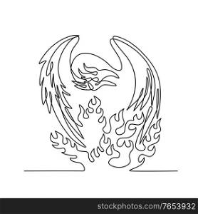 Continuous line drawing illustration of a phoenix, a mythological bird that cyclically regenerates or is otherwise born again, on fire front view done in sketch or doodle black and white style. . Phoenix a Mythological Bird That Cyclically Regenerates on Fire Front View Continuous Line Drawing Black and White