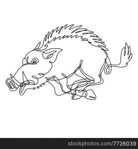 Continuous line drawing illustration of a razorback wild boar running attacking side view  done in mono line or doodle style in black and white on isolated background. . Razorback Wild Boar Running Attacking Side View Continuous Line Drawing  
