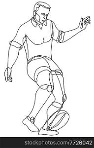 Continuous line drawing illustration of a rugby union player kicking ball front view done in mono line or doodle style in black and white on isolated background. . Rugby Union Player Kicking Ball Front View Continuous Line Drawing