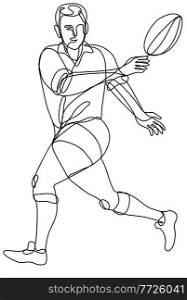 Continuous line drawing illustration of a rugby union player passing ball front view done in mono line or doodle style in black and white on isolated background. . Rugby Union Player Passing Ball Front View Continuous Line Drawing